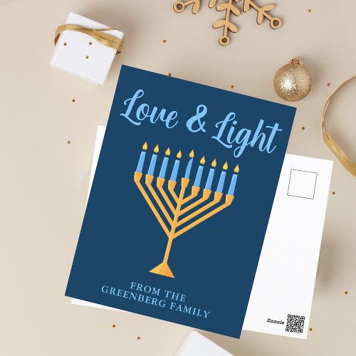 Love  Light Custom Blue Gold Hanukkah Menorah Postcard