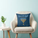 Love & Light Custom Blue Gold Hanukkah Menorah Throw Pillow<br><div class="desc">Cute customizable Love and Light Hanukkah throw pillow for a Jewish family. Personalize this pretty home decor with your own last name or group information in blue under the pretty gold menorah.</div>