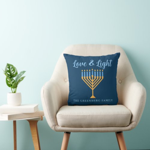 Love  Light Custom Blue Gold Hanukkah Menorah Throw Pillow