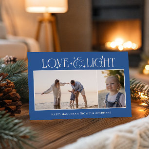 Love & Light  Hanukkah 2 Family Photos Cobalt Blue Holiday Card