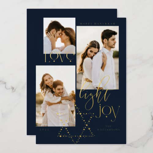 Love Light Joy Star David Hanukkah 3 Photo Collage Foil Holiday Card