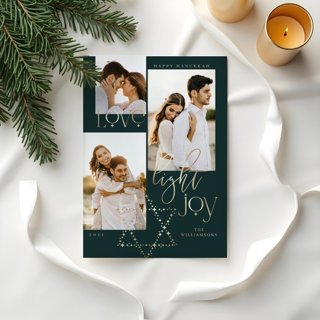 Love Light Joy Star David Hanukkah Photo Collage Holiday Card (Love Light Joy Star David Hanukkah Photo Collage Holiday Card)