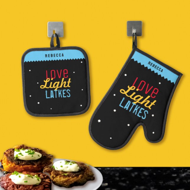 Love Light Latkes Black Hanukkah Funny Quote Oven Mitt & Pot Holder Set (Creator Uploaded)