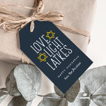Love, Light & Latkes | Hanukkah Gift Tags<br><div class="desc">Dress up your Hanukkah gifts with these festive tags. Design features a rich navy blue background with "love,  light,  latkes" in white lettering accented with golden yellow stars. Customize with a name and/or personalized Hanukkah greeting. Blank on reverse side.</div>