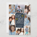 Love, Light & Latkes | Hanukkah Photo Collage Holiday Card<br><div class="desc">Fun and festive Hanukkah photo card features eight photos arranged in a collage layout. "Love,  light,  latkes" appears in the center in white lettering on a dark blue background accented with stars. Personalize with your names and the year.</div>