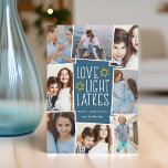 Love, Light & Latkes | Hanukkah Photo Collage Holiday Card<br><div class="desc">Fun and festive Hanukkah photo card features eight photos arranged in a collage layout. "Love,  light,  latkes" appears in the center in white lettering on a dark blue background accented with stars. Personalize with your names and the year.</div>