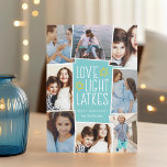 Love, Light & Latkes | Hanukkah Photo Collage Holiday Card<br><div class="desc">Fun and festive Hanukkah photo card features eight photos arranged in a collage layout. "Love,  light,  latkes" appears in the center in white lettering on a bright turquoise blue background accented with stars. Personalize with your names and the year.</div>