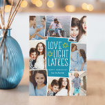 Love, Light & Latkes | Hanukkah Photo Collage Holiday Card<br><div class="desc">Fun and festive Hanukkah photo card features eight photos arranged in a collage layout. "Love,  light,  latkes" appears in the center in white lettering on a blue background accented with stars. Personalize with your names and the year.</div>