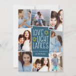 Love, Light & Latkes | Hanukkah Photo Collage Holiday Card<br><div class="desc">Fun and festive Hanukkah photo card features eight photos arranged in a collage layout. "Love,  light,  latkes" appears in the center in white lettering on a dark blue background accented with stars. Personalize with your names and the year.</div>