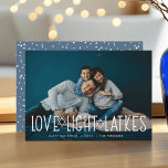 Love, Light & Latkes | Hanukkah Photo Holiday Card<br><div class="desc">Cute and lighthearted Hanukkah photo card features your favorite horizontal or landscape oriented photo with "love,  light,  latkes" overlaid in white lettering accented with stars of David. Personalize with your Hanukkah greeting,  names and the year beneath. Cards reverse to a pattern of snow and stars.</div>