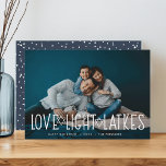 Love, Light & Latkes | Hanukkah Photo Holiday Card<br><div class="desc">Cute and lighthearted Hanukkah photo card features your favorite horizontal or landscape oriented photo with "love,  light,  latkes" overlaid in white lettering accented with stars of David. Personalize with your Hanukkah greeting,  names and the year beneath. Cards reverse to a pattern of snow and stars.</div>