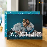 Love, Light & Latkes | Hanukkah Photo Holiday Card<br><div class="desc">Cute and lighthearted Hanukkah photo card features your favorite horizontal or landscape oriented photo with "love,  light,  latkes" overlaid in white lettering accented with stars of David. Personalize with your Hanukkah greeting,  names and the year beneath. Cards reverse to a pattern of snow and stars.</div>