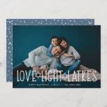 Love, Light & Latkes | Hanukkah Photo Holiday Card<br><div class="desc">Cute and lighthearted Hanukkah photo card features your favorite horizontal or landscape oriented photo with "love,  light,  latkes" overlaid in white lettering accented with stars of David. Personalize with your Hanukkah greeting,  names and the year beneath. Cards reverse to a pattern of snow and stars.</div>