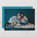Love, Light & Latkes | Hanukkah Photo Holiday Card<br><div class="desc">Cute and lighthearted Hanukkah photo card features your favorite horizontal or landscape oriented photo with "love,  light,  latkes" overlaid in white lettering accented with stars of David. Personalize with your Hanukkah greeting,  names and the year beneath. Cards reverse to a pattern of snow and stars.</div>