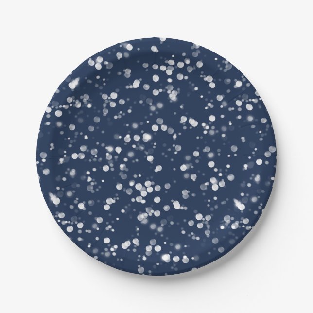 Love & Light |  Lovely Navy Blue Bokeh Hanukkah Paper Plates (Front)