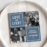Love & Light Modern Hanukkah Photo Holiday Card<br><div class="desc">Show off your square photos in this simple, modern Hanukkah photo card. Design features a four square layout with a blue background and "Love and Light" in modern white block lettering. Use the two customizable text fields to add a custom greeting and your family name. Photography © Storytree Studios, Stanford,...</div>