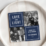 Love & Light Modern Hanukkah Photo Holiday Card<br><div class="desc">Show off your square photos in this simple, modern Hanukkah photo card. Design features a four square layout with a navy blue background and "Love and Light" in modern white block lettering. Use the two customizable text fields to add a custom greeting and your family name. Photography © Storytree Studios,...</div>