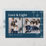 Love & Light | Modern Snowflakes Hanukkah Holiday Card<br><div class="desc">A modern and festive design for your holiday greetings featuring two photos aligned side by side, on an on-trend winter blue background adorned with snowflake garlands along the right side. "Love & Light" appears across the top in retro lettering, with your family name and the year along the bottom. A...</div>