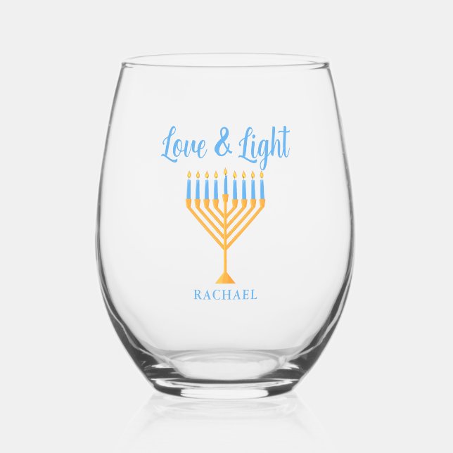 Love & Light Personalized Hanukkah Menorah Gift Stemless Wine Glass (Front)