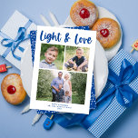 Love & Light Script Multi-Photo Hanukkah Card<br><div class="desc">This modern Hanukkah photo card features a simple white background with modern calligraphy script in festive blue. The greeting on the front says "Light & Love". It accommodates three photos (two square and one horizontal) and would work well in color or black and white. On the back there is a...</div>