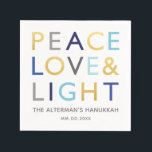 Love & Light Typography Hanukkah Holiday Gold Blue Napkins<br><div class="desc">Festive Hanukkah Holiday paper napkin featuring a typography design of Hanukkah popular greetings in classic shades of Hanukkah colours of blue, grey and gold. Personalize with your custom text. This is a part of a holiday collection “LOVE & LIGHT TYPOGRAPHY”. Complimenting items are available. BACKGROUND COLOR can be changed with...</div>