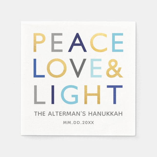 Love & Light Typography Hanukkah Holiday Gold Blue Napkins (Front)