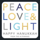 Love & Light Typography Hanukkah Holiday Gold Blue Square Sticker<br><div class="desc">Festive Hanukkah Holiday square sticker featuring a typography design of Hanukkah popular greetings in classic shades of Hanukkah colours of blue, grey and gold. Personalize with your custom text. This is a part of a holiday collection “LOVE & LIGHT TYPOGRAPHY”. Complimenting items are available. BACKGROUND COLOR can be changed with...</div>