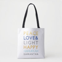 Love & Light Typography Hanukkah Holiday Gold Blue Tote Bag