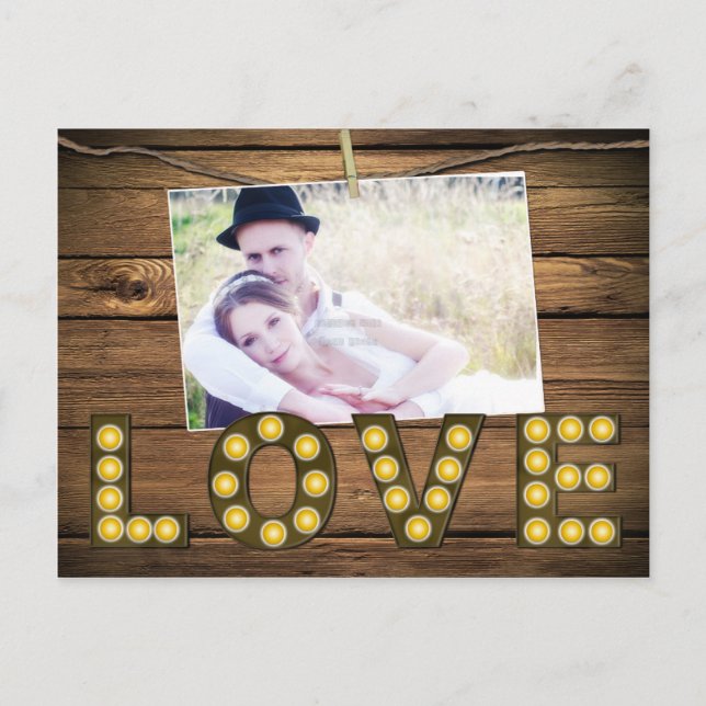 LOVE Lighted Rustic Sign Photo Save Date Postcard (Front)