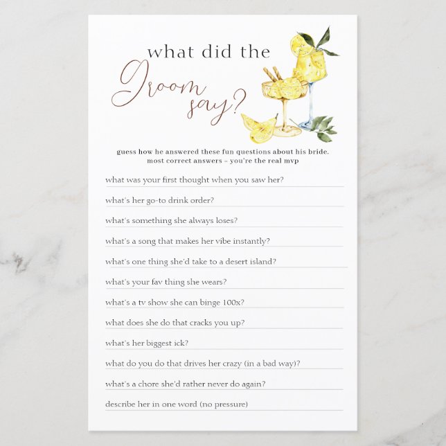 Love Limoncello Cocktail Bridal Shower Game (Front)