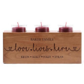 Love Lives Here Family's Cherry Wood Candle Holder (Front View)