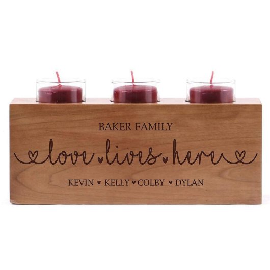 Love Lives Here Family's Cherry Wood Candle Holder (Front View)