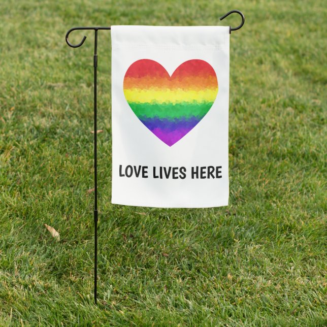 Love Lives Here LGBTQ Rainbow Heart Garden Flag (In SItu)