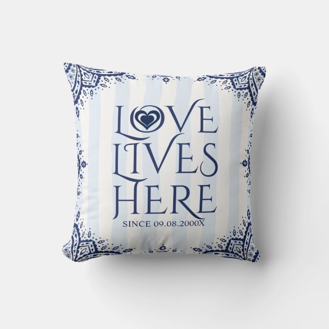 Love Lives Here-Navy Blue Frame & Heart Throw Pillow (Front)
