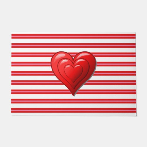Love Lives Here  Stripes and Red Valentine Heart Doormat