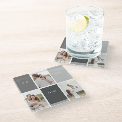 Love Lives Here  Three Photo Family Gift Glass Coaster