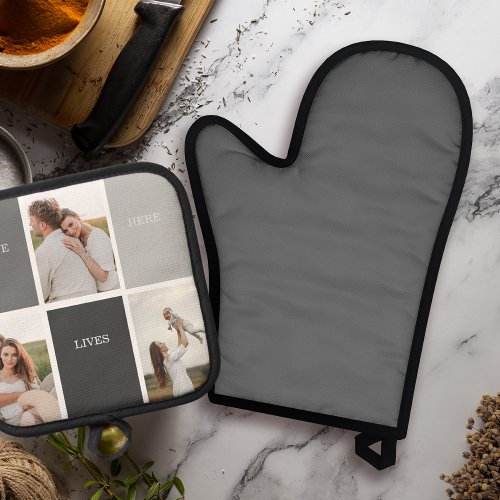 Love Lives Here  Three Photo Family Gift Oven Mitt  Pot Holder Set