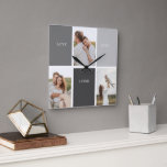 Love Lives Here | Three Photo Family Gift Square Wall Clock<br><div class="desc">Presenting a heartwarming and personalized gift that celebrates the essence of family, featuring a beautiful gray frame adorned with a touching "Love Lives Here" quote and three cherished photos. Every time the recipient catches a glimpse of this remarkable gift, their heart will be filled with fond memories and a profound...</div>