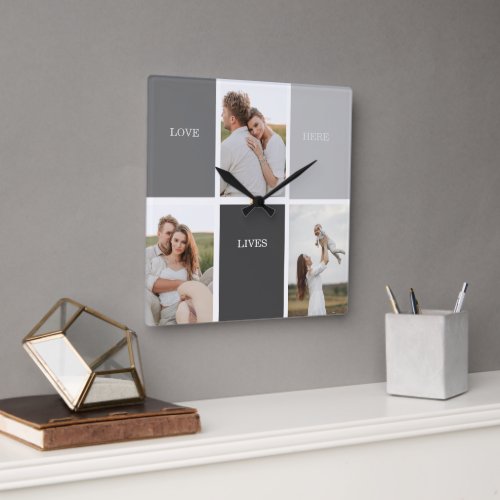 Love Lives Here  Three Photo Family Gift Square Wall Clock