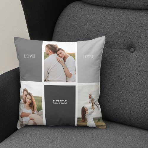 Love Lives Here  Three Photo Family Gift Throw Pillow