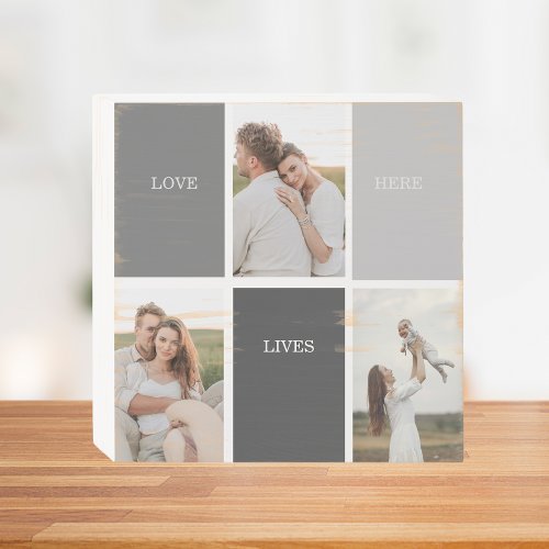 Love Lives Here  Three Photo Family Gift Wooden Box Sign