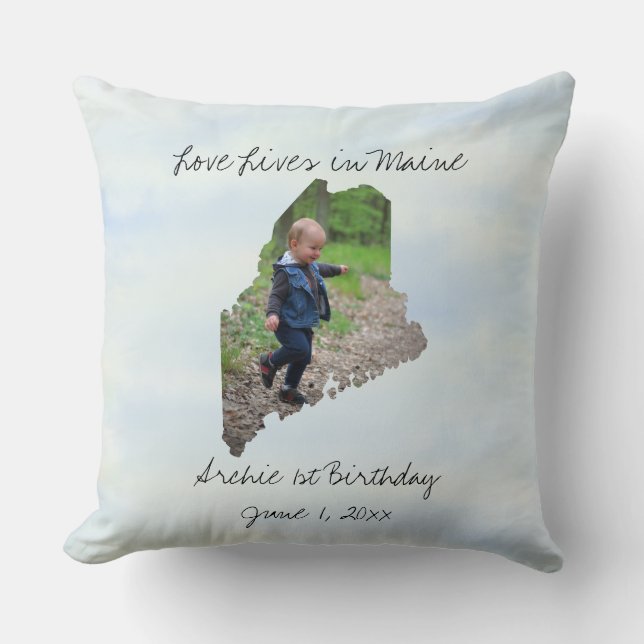 Love Lives In Maine State Shaped Custom Photo Throw Pillow (Front)