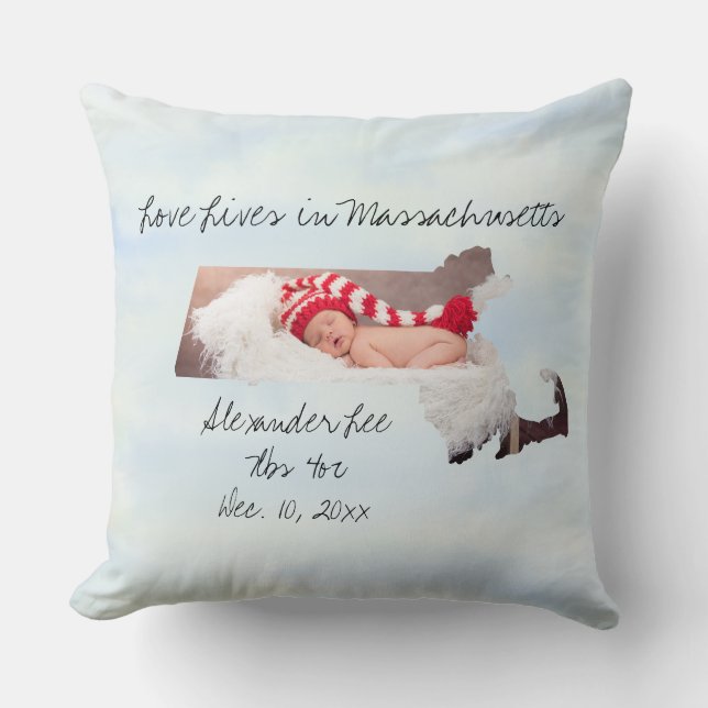 Love Lives In Massachusetts State Shaped Photo Throw Pillow (Front)