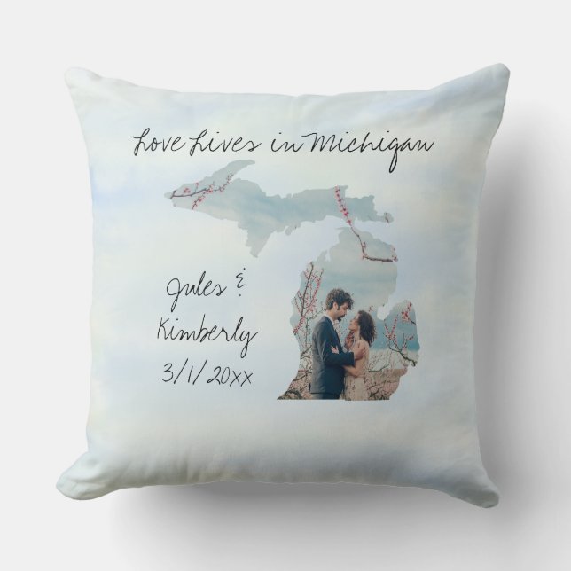 Love Lives In Michigan State Shaped Custom Photo Throw Pillow (Front)