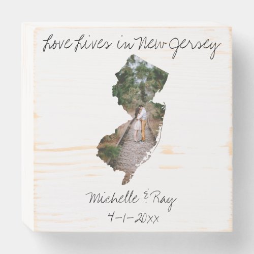 Love Lives In New Jersey State Shaped Custom Photo Wooden Box Sign