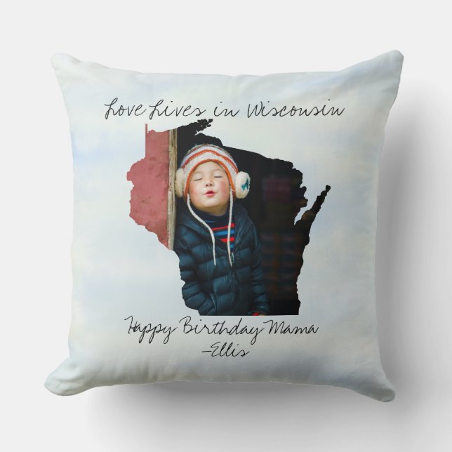 Love Lives In Wisconsin State Shaped Custom Photo Throw Pillow (Front)