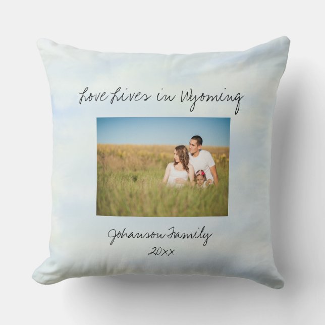 Love Lives In Wyoming State Shaped Custom Photo Throw Pillow (Front)
