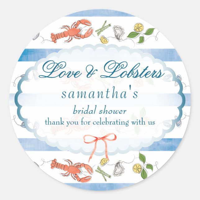 Love & Lobster Coquette Bow Wedding Bridal Shower Classic Round Sticker (Front)