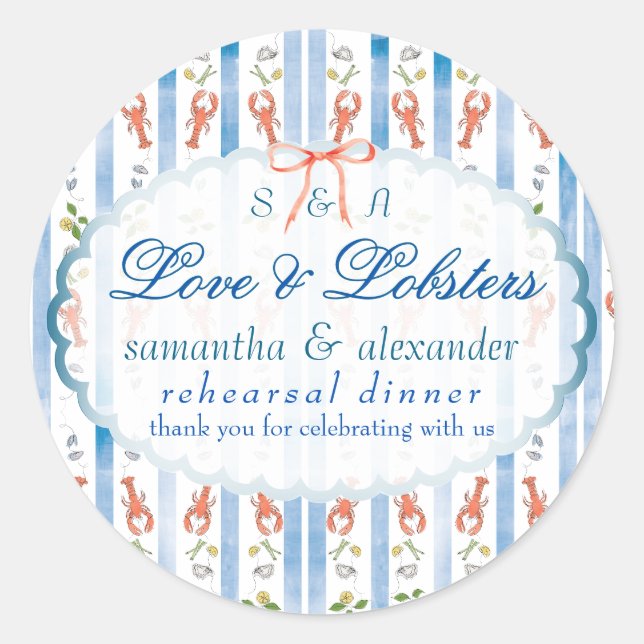 Love & Lobster Coquette Wedding Rehearsal Dinner Classic Round Sticker (Front)