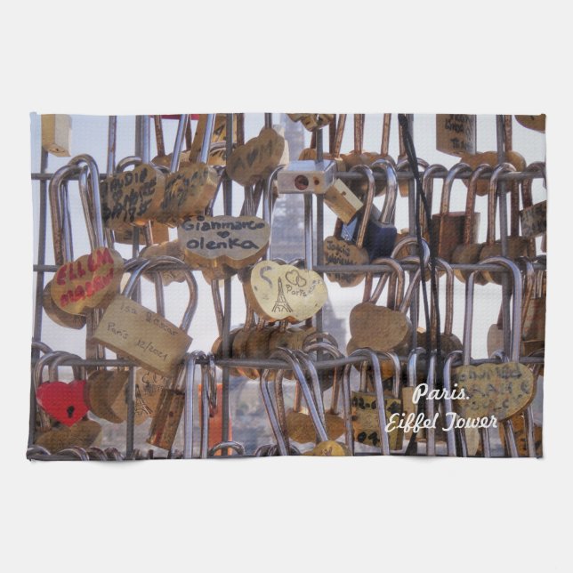 Love Locks and Eiffel Tower. Paris. France.  Kitchen Towel (Horizontal)